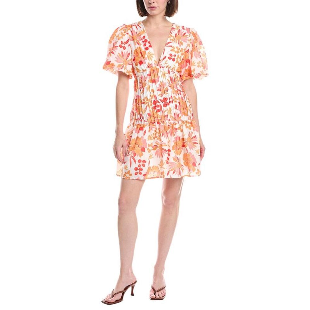 Beulah Womens Floral Print V-Neck Puff Flounce Mini Dress, Orange
